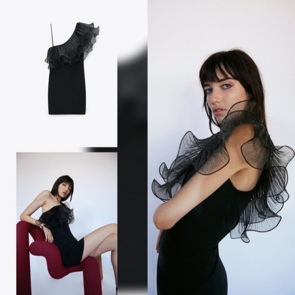 New Zara Organza Asymmetric Blogger Fave Black Mini Dress NWT Size Medium - Picture 1 of 17